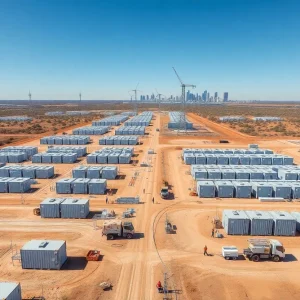 Utility-scale battery storage containers and substation under construction in Bexar County, Texas