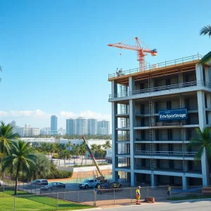 Multi-story Extra Space Storage facility under construction in Homestead, Florida with cranes and palm trees