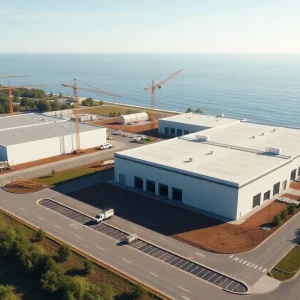 Aerial rendering of Quogue Business Park showing two industrial buildings, a two-story self-storage facility and landscaped native buffer