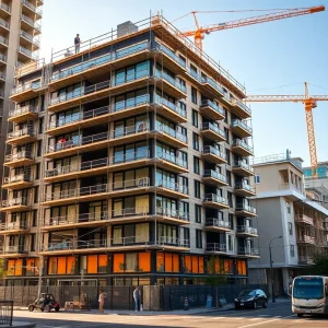 Nine-story micro-apartment building under construction in San Diego with crane and scaffolding