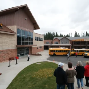 Washington school campus with construction, new classroom addition and bus loop reflecting levy-funded upgrades